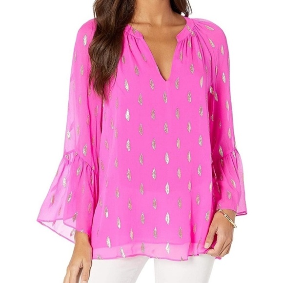 NWT Lily Pulitzer Blouse Extra Small XS Pink Gold Bell Sleeve Silk Top Boho - Picture 7 of 7